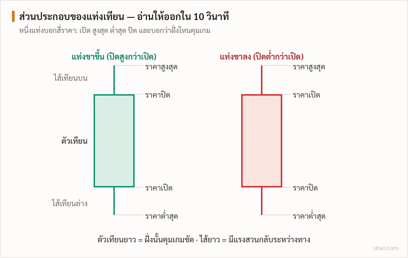 แผนภาพส่วนประกอบแท่งเทียน: ตัวเทียนแสดงราคาเปิดและปิด ไส้เทียนบนล่างแสดงราคาสูงสุดต่ำสุด แท่งขาขึ้นปิดสูงกว่าเปิด แท่งขาลงปิดต่ำกว่าเปิด