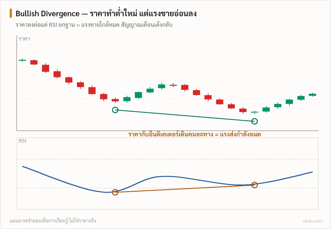 แผนภาพ Divergence: ราคาทำจุดสูงหรือต่ำใหม่ แต่อินดิเคเตอร์ไม่ทำตาม เส้นลาดบนกราฟราคากับ RSI ชี้คนละทาง เป็นสัญญาณเตือนว่าแรงส่งใกล้หมด