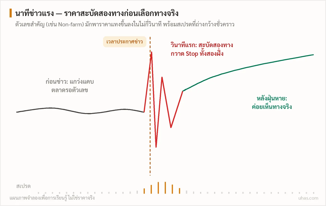 แผนภาพพฤติกรรมราคาช่วงข่าวแรง: ก่อนข่าวราคาแกว่งแคบ วินาทีประกาศราคาสะบัดขึ้นลงกวาด Stop สองฝั่งพร้อมสเปรดถ่างกว้าง แล้วค่อยเลือกทางจริงหลังฝุ่นหาย