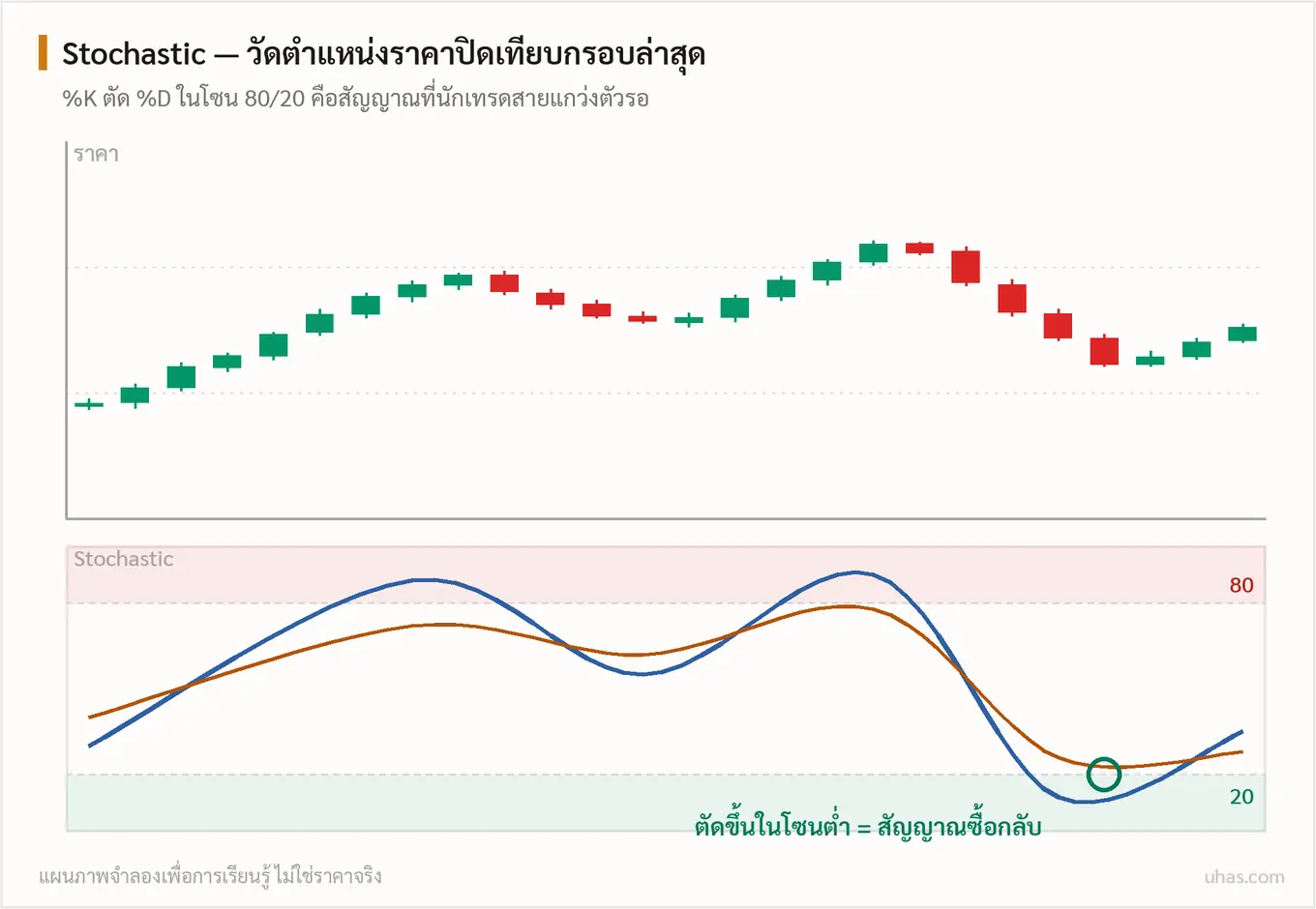 แผนภาพ Stochastic: เส้นเปอร์เซ็นต์เคตัดเส้นเปอร์เซ็นต์ดีในโซนต่ำกว่า 20 เป็นสัญญาณซื้อกลับ และการตัดในโซนสูงกว่า 80 เป็นสัญญาณขาย